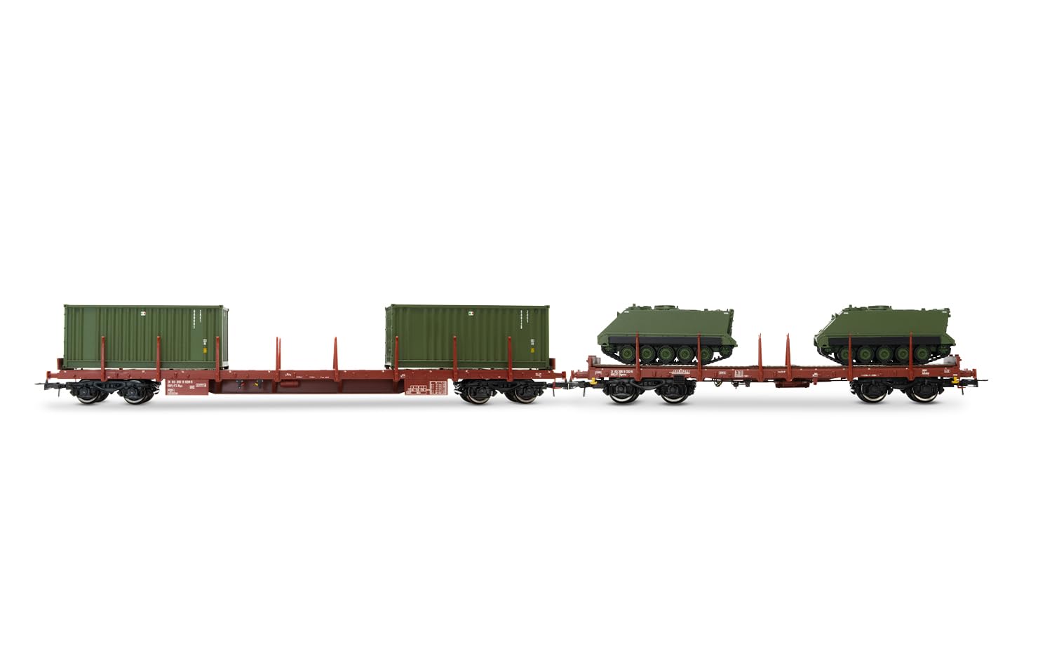 Rivarossi HR6612 FS, 2-unit pack 4-axle flat wagons Rgs + Rgmms, loaded with two 20' containers + two military vehicles M113