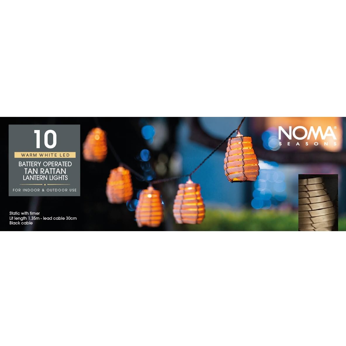 Noma Tan Rattan Festoon Lights – Battery Operated, Weather Resistant, Timer Function, 10 Bulbs (Pack of 1)