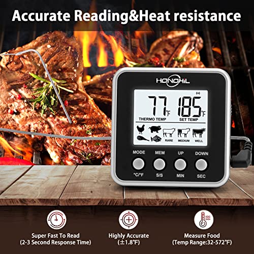 Honohil Digital Meat Thermometer For Cooking And Grilling, Kitchen Food Candy Oven Bbq Grill Thermometer For Smoker Baking Liquid With Stainless Steel Probe Instant Read Magnetic Battery Timer Black #TOP3
