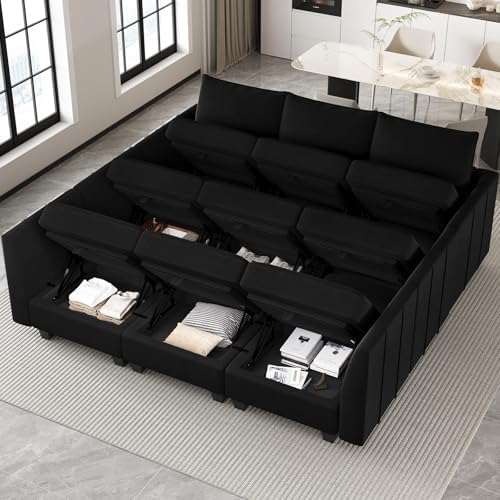 Belffin Large Modular Sectional Sofa Sleeper Couch with Storage Velvet Sectional Sofa Bed for Living Room, 9 Seats, Black - Thumbnail 2
