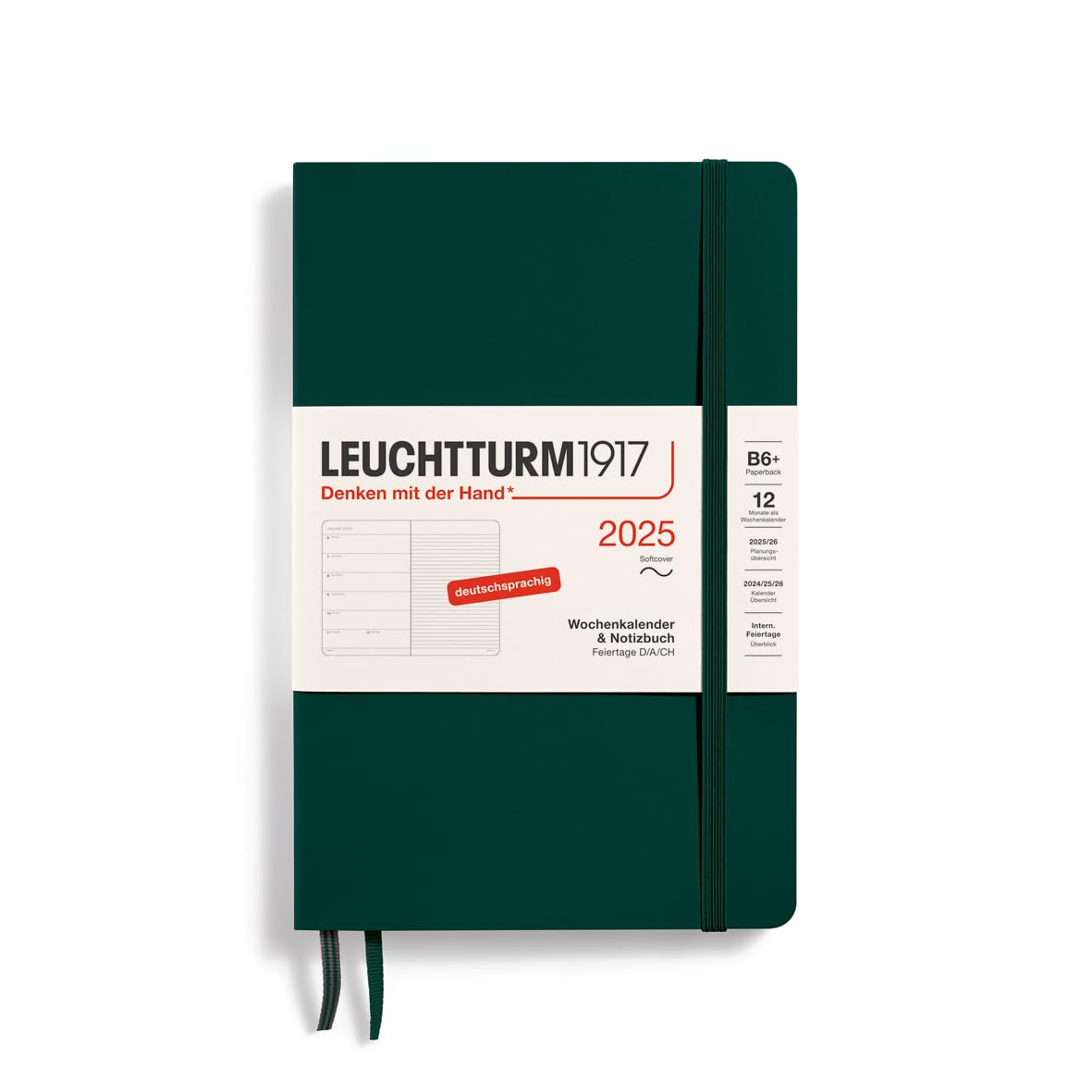LEUCHTTURM1917 370524 Weekly Calendar & Notebook 2025, Paperback B6+ Softcover - 12-Month Planner, 80 g, Lined - Forest Green