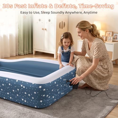 Image of Inflatable Toddler Bed for Travel Safety Guard Rails 300lb Capacity Blue | 360 Safety Rails prevent rolling. 20s fast inflation. Puncture-resistant PVC. Skin-friendly flocking. Ideal for travel