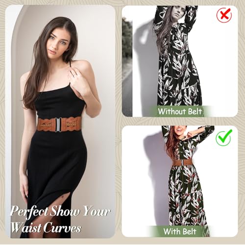 Wide Stretchy Belts for Women Vintage Brown Elastic Belt with Silver Buckle Adjustable Cinch Belt Womens Fashion Waist Belts for Dresses Coats (Wide 2.95'') 5