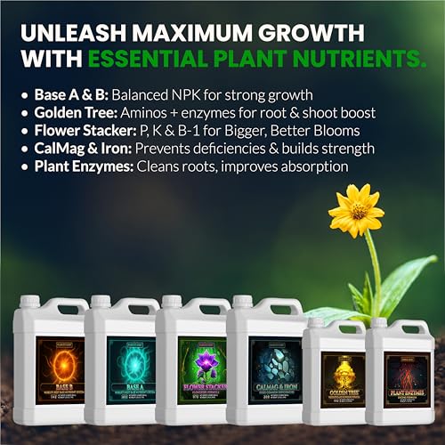 Image of Humboldts Secret Starter Kit Pack XL | Indoor and Outdoor Plant Fertilizer and Hydroponic Nutrients | Base A & B, CalMag and Iron, Golden Tree, Flower Stacker, Plant Enzymes | Complete Garden System