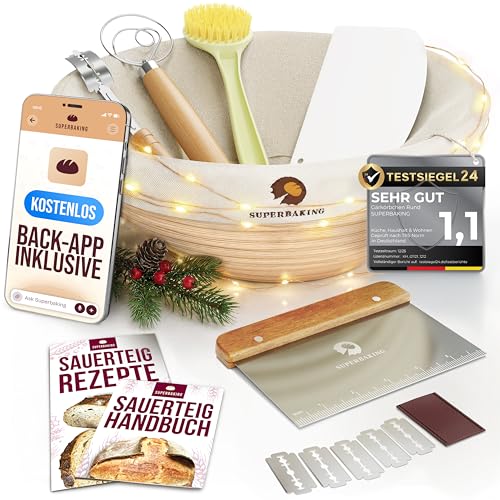 Superbaking Gärkörbchen Rund - 9 Zoll Rattan Sauerteig Brot Gärkorb - 9-Teiliges Komplettes Sauerteig Starter Set Brotkörbchen Brot Backen Zubehör...