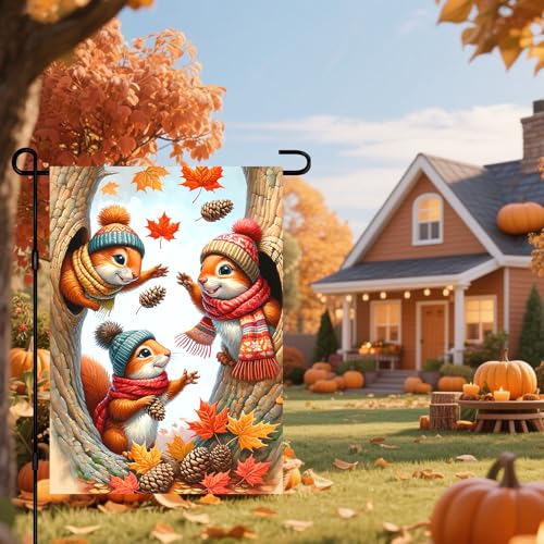 Image of BlissYard Fall Garden Flag 12x18 Inch Squirrel Pinecones Autumn Yard Decor | Double sided polyester, autumn harvest design, cozy woodland decor for Thanksgiving porch and yard