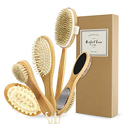 Dry Body Brushing Set - Natural Bristle Shower Brush - Remove Dead Skin & Toxins, Cellulite Treatment, Improves Lymphatic Functions, Exfoliates, Stimulates Circulation, Head to Toe Skin Glowing Set