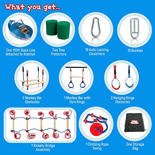 Double Slackline Obstacle Course - 110 Ft Line - Ninja Warrior Course with Monkey Bars for Kids - Patented Double Line Design (110' Ultimate Warrior Set, with Rickety Bridge)