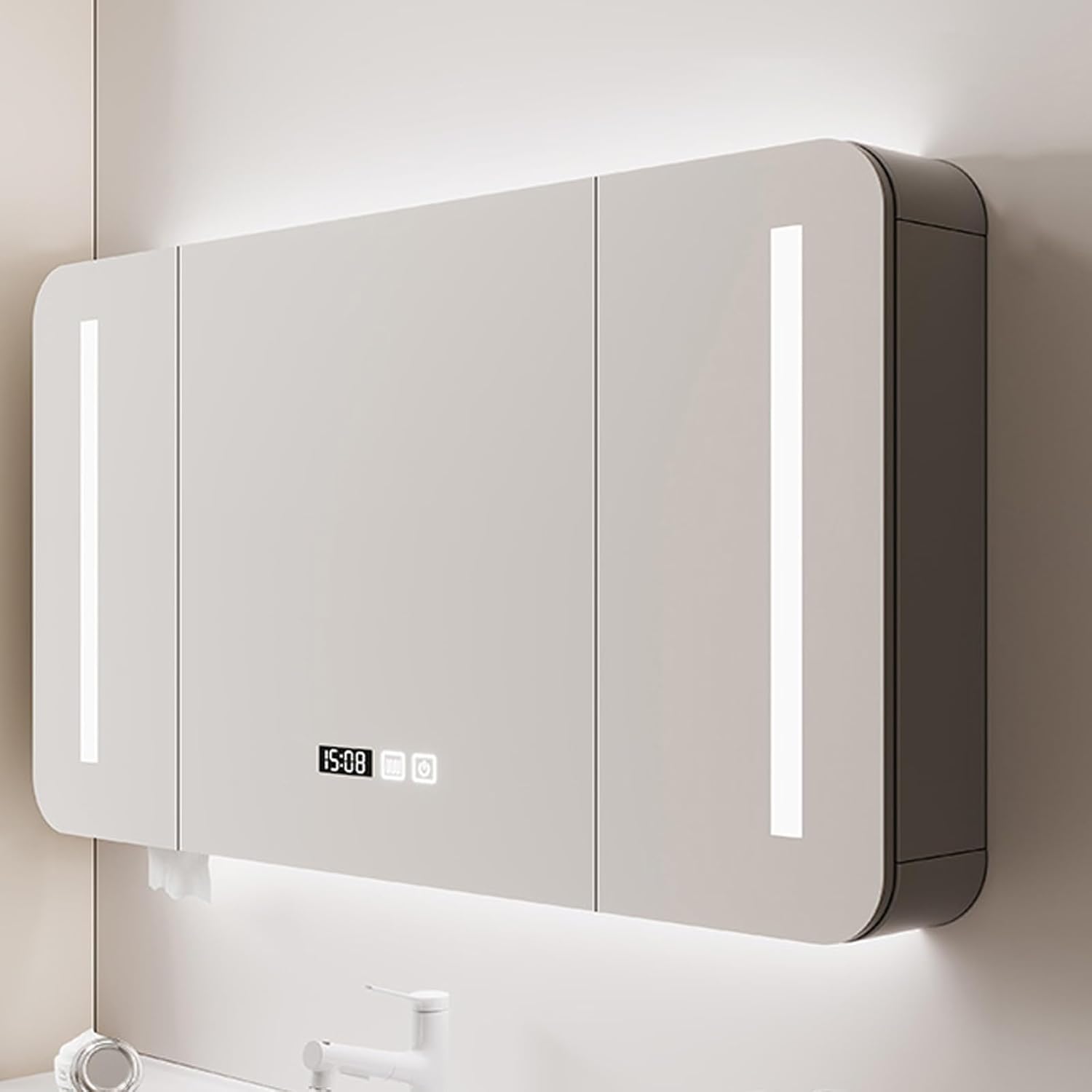Antifog Reflection Time & Temperature Display 3Color Light Tissue Holder,Gris-90 * 13 * 70cm/35.4 * 5.1 * 27.
