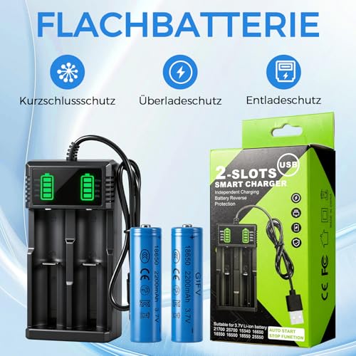 YUFFQOPC 18650 Ladegerät, 18650 Batterieladegerät mit 2 Pack 3,7V 2200mAh Akku NiMH, Universal Akkuladegerät mit 2 Schacht für 3,7V 18650/26650 Li-Ion Akku und 1,2V NI-MH/NI-CD/AA/AAA, mit USB Kabel