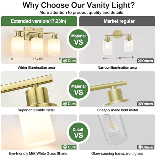 Image of MOKATNG 3-Light Bathroom Light Fixtures, Aged Brass Vanity Light with Milky White Shades, Bathroom Lighting Fixtures Over Mirror, Modern Bathroom Wall Lamp for Mirror Living Room Cabinet Bedroom