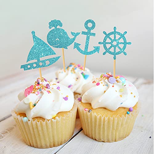 Monmon & Craft 24 Pcs Nautical Birthday Cupcake Toppers For Children Birthday / Anchor Sailboat Dolphin Cupcake Decor / Baby Shower Ocean Party Cupcake Decorations / Sky Blue Glitter Boat Nautical Cupcake Toppers #TOP5