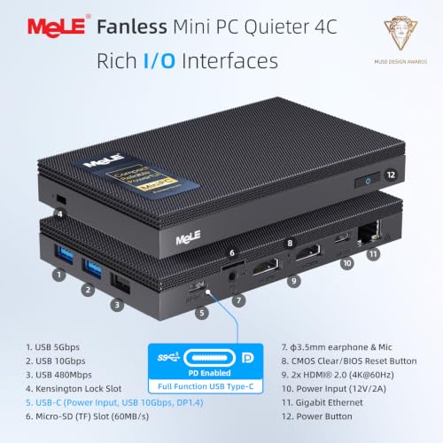 Image of MeLE Quieter 4C N150 Fanless Mini PC 32GB RAM LPDDR5 1TB NVMe SSD | Dual HDMI+USB-C 4K Triple Display|WiFi 5 BT5.1|0dB Silent|Auto Power On WoL|VESA Mount|Industrial Business Astrophotography