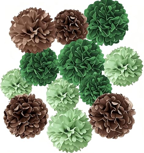 Image of Tissue Paper Pompoms Paper Flower 12 Pcs Green Brown Paper Flower Ball for Birthday Party Baby Shower Bridal Shower Party Decoration