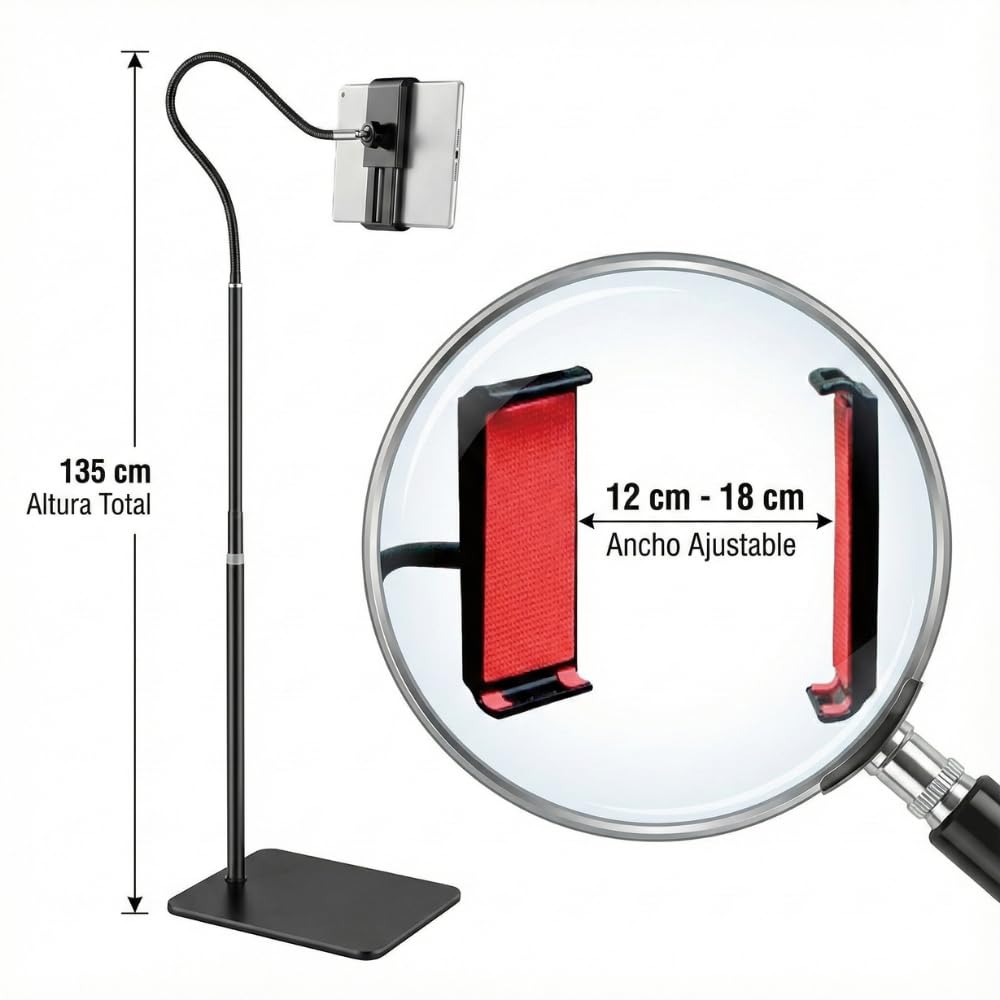 Soporte de Suelo para Tablet y Móvil 135cm Cuello de Cisne Flexible 360° Base Estable Universal Compatible con iPad Pro Air Mini Samsung Galaxy Tab iPhone Switch 12-18cm