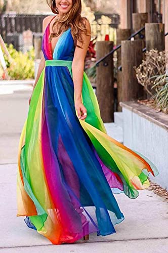 Vestido arco-íris chiffon feminino Deep V sexy sem costas Swing Dress Maxi Vestido Longo Spagehtti S