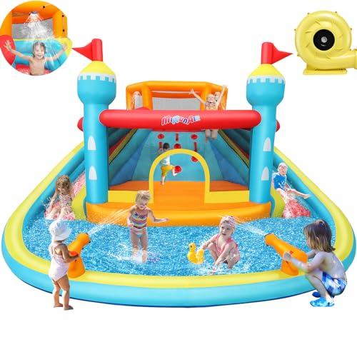 Whubefy Inflatable Water Slide Bounce House, Waterslide Park for Kids Backyard with 2 Water Slide for Racing, Jumping/Splash Pool/2 Cannon/Climbing Wall/2 Sprayer/520W Blower for Birthday Party Gifts