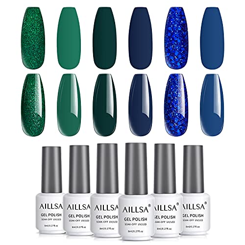 AILLSA UV Gel nagellak set 6 * 8ml Emerald Royal Blue kleuren Gel Naakt Glitter Soak Off UV-LED Gel nagellak Gel Nail…