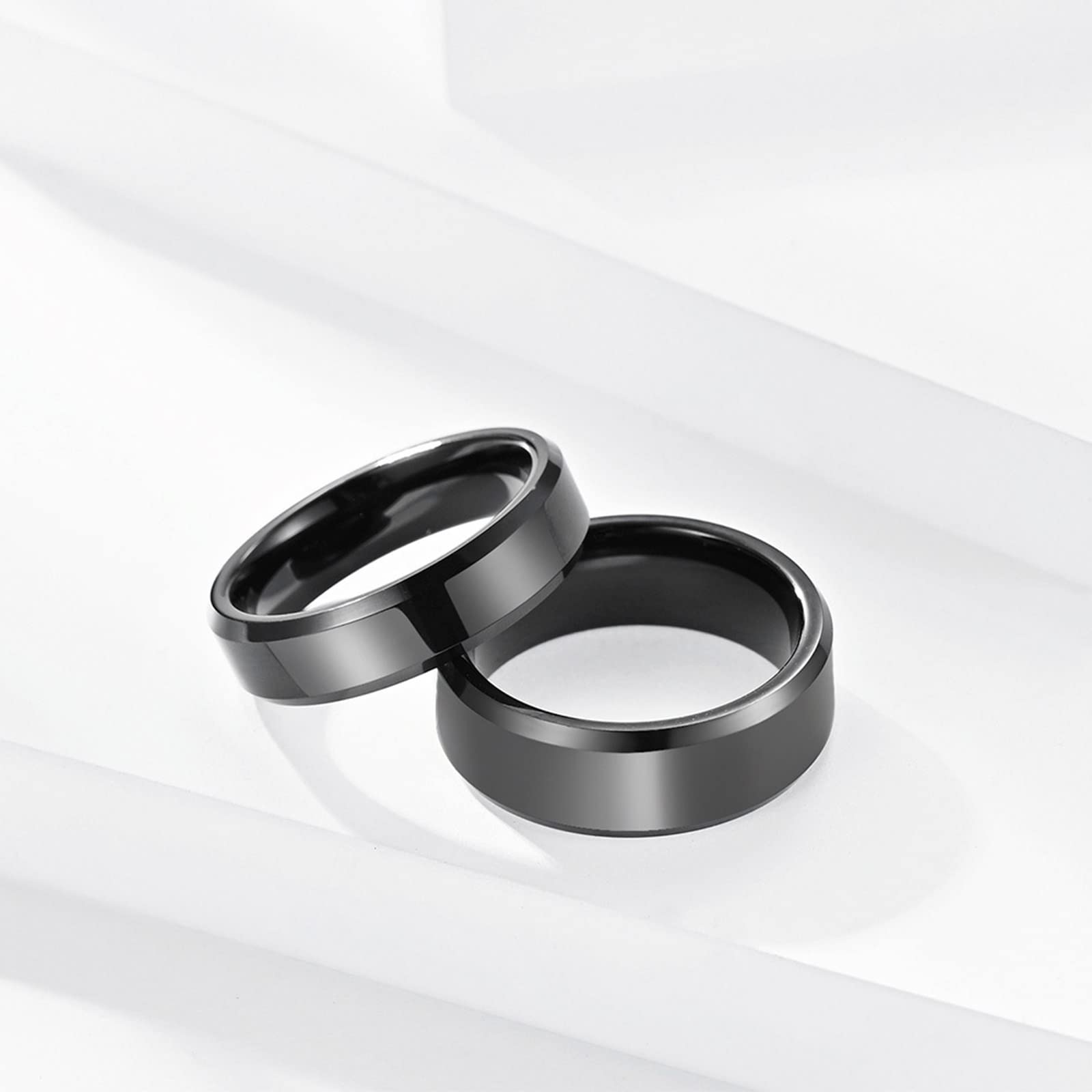 Anillo Carburo de Tungsteno Mujer, Alianzas Boda 2 Piezas Borde Biselado de Anillo Negro de 6mm y 8mm para El Día de San Valentín