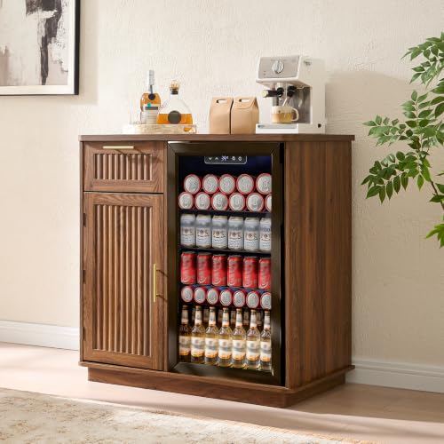 Okvnbjk Mini Fridge Cabinet with Storage & Power Outlet, Walnut