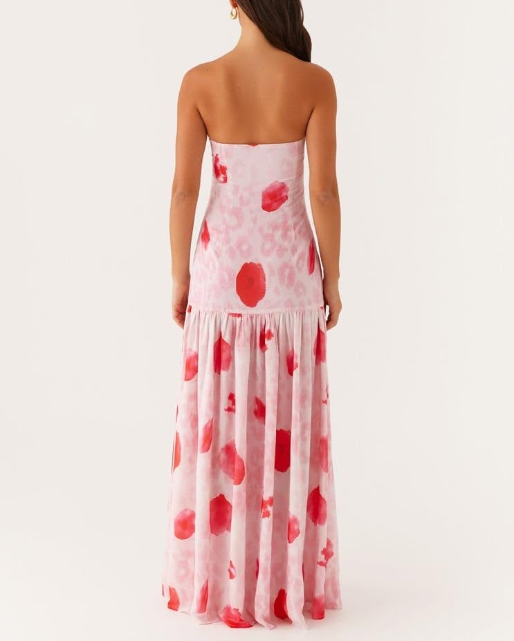 Image of Women Floral Strapless Maxi Dress Y2K Bodycon Tube Long Dresses Sexy Party Formal Cocktail Beach Slit Dress