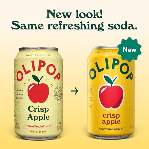 Image of OLIPOP Prebiotic Soda Pop, Crisp Apple, Pantry Pack Packed with Prebiotics, Fiber, and Botanicals, Gluten Free, GMO Free, 12oz (12-Cans) (Packaging May Vary)