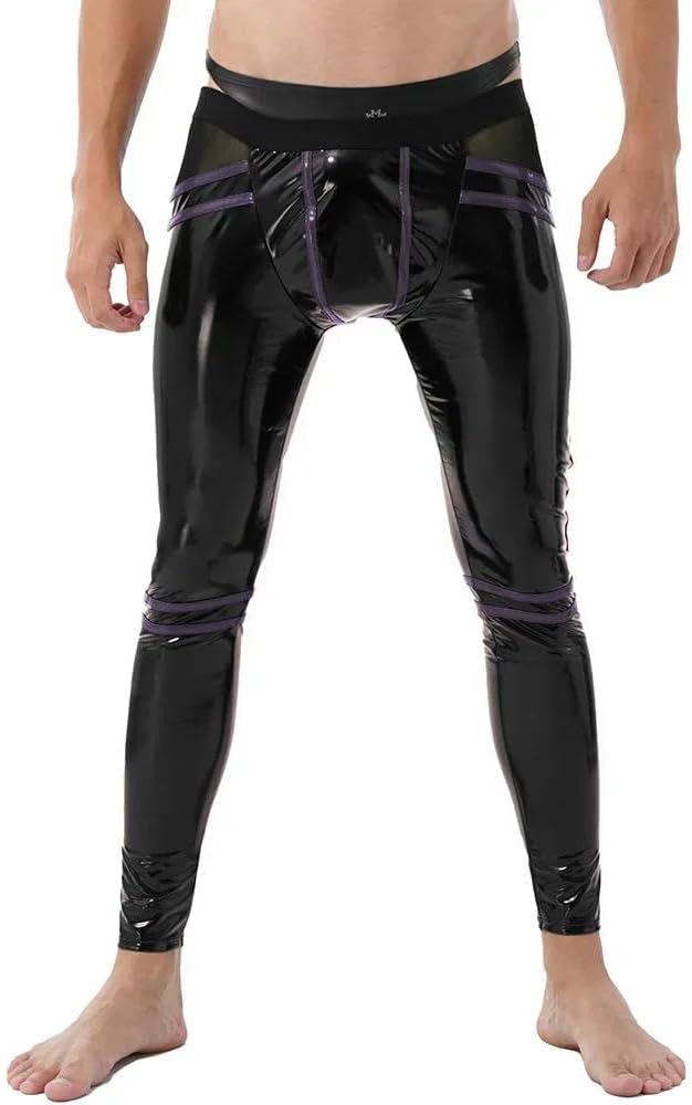 Men's Wetlook Punk Glossy Splicing Elasticated Convex Pouch Hip Pencil Pants for Club Night Out