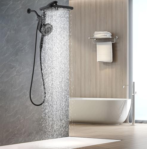 Image of 12 inch High Pressue Rain Shower Head with Handheld, 9 Sprays Hand Showerhead | Shower Heads with Handheld Spray Combo, Dual Head, Built-in Magnetic Docking, Power Jets, 59 inch Shower Hose, Black 1.75GPM
