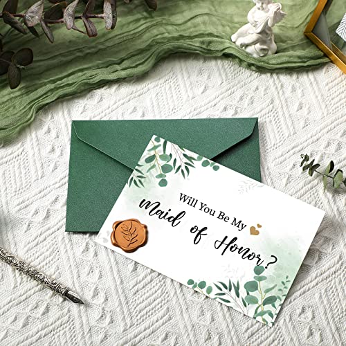 Fuutreo 11 Sets Bridesmaid Proposal Cards Set Will You Be My Bridesmaid Cards Bridal Party Proposal Envelopes Wax Stickers for Sister Family Wedding(Leaf Style)