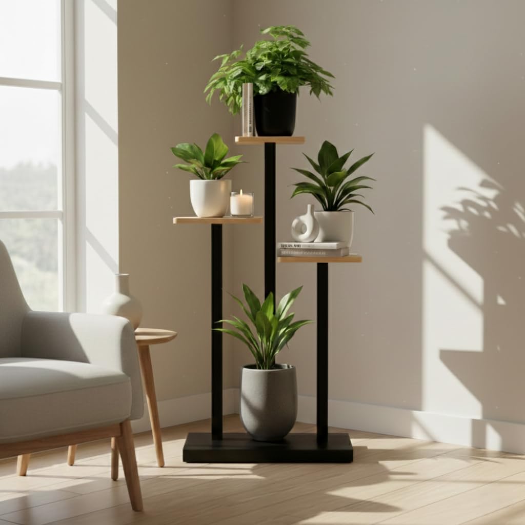 4-Tier Plant Stand, Black Metal with Wooden Shelves, 4 Feet Height, Indoor Living Room Decor-image-25