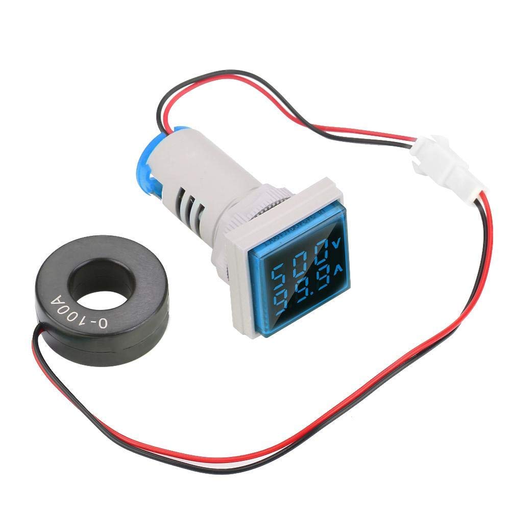 LED Display Voltmeter, Voltage Tester Current Detector Square 22mm Dual Display Panel Voltmeter Ammeter AC 0-100A 60-500V Meter Indicator (Blue)