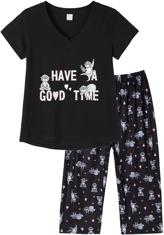 YIJIU Women's Short Sleeve Tops and Capri Pants Cute Cartoon Print Pajama Sets Small Sloth