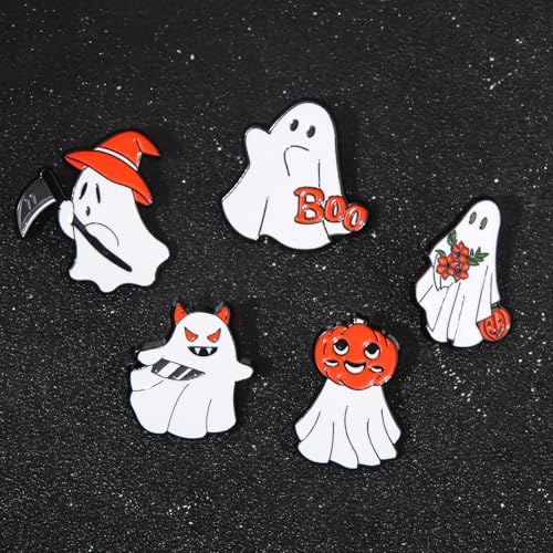 Image of 5Pcs Halloween Ghost Enamel Brooch - Pumpkin Reaper /Death's Scythe Devil Boo Lapel Pin - Cute Flower Smile Heart leaves Pattern Badges Gifts for Women Men