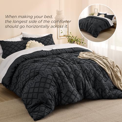 Image of Bedsure King Comforter Set - Black Comforter, Boho Tufted Distressed Vintage Bedding for Kids, 3 Pieces Farmhouse-Style Bed Set for All Seasons, Fluffy Soft Bedding with 2 Pillow Shams