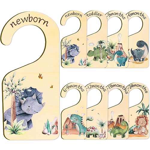 Image of Whaline 8Pcs Baby Closet Size Dividers Dinosaur Theme Design Hanging Wooden Baby Closet Organizer Newborn to 24 Months Thicken Baby Wardrobe Organizer for Home Nursery Baby Clothes Decor