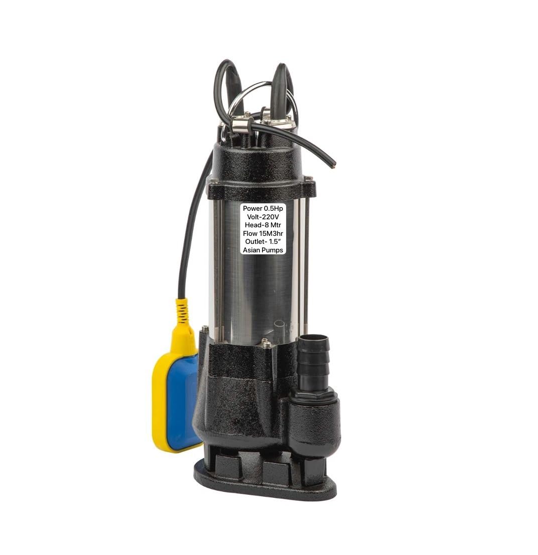 Asian Pumps Automatic 0.5Hp 220V Submersible Sewage/Dewatering Muddy Water Pump with Float switch for Sump,Tank, Pond,Pool & Construction sites Outlet size 1.5”(Copper Winding) 10 Mtr cable