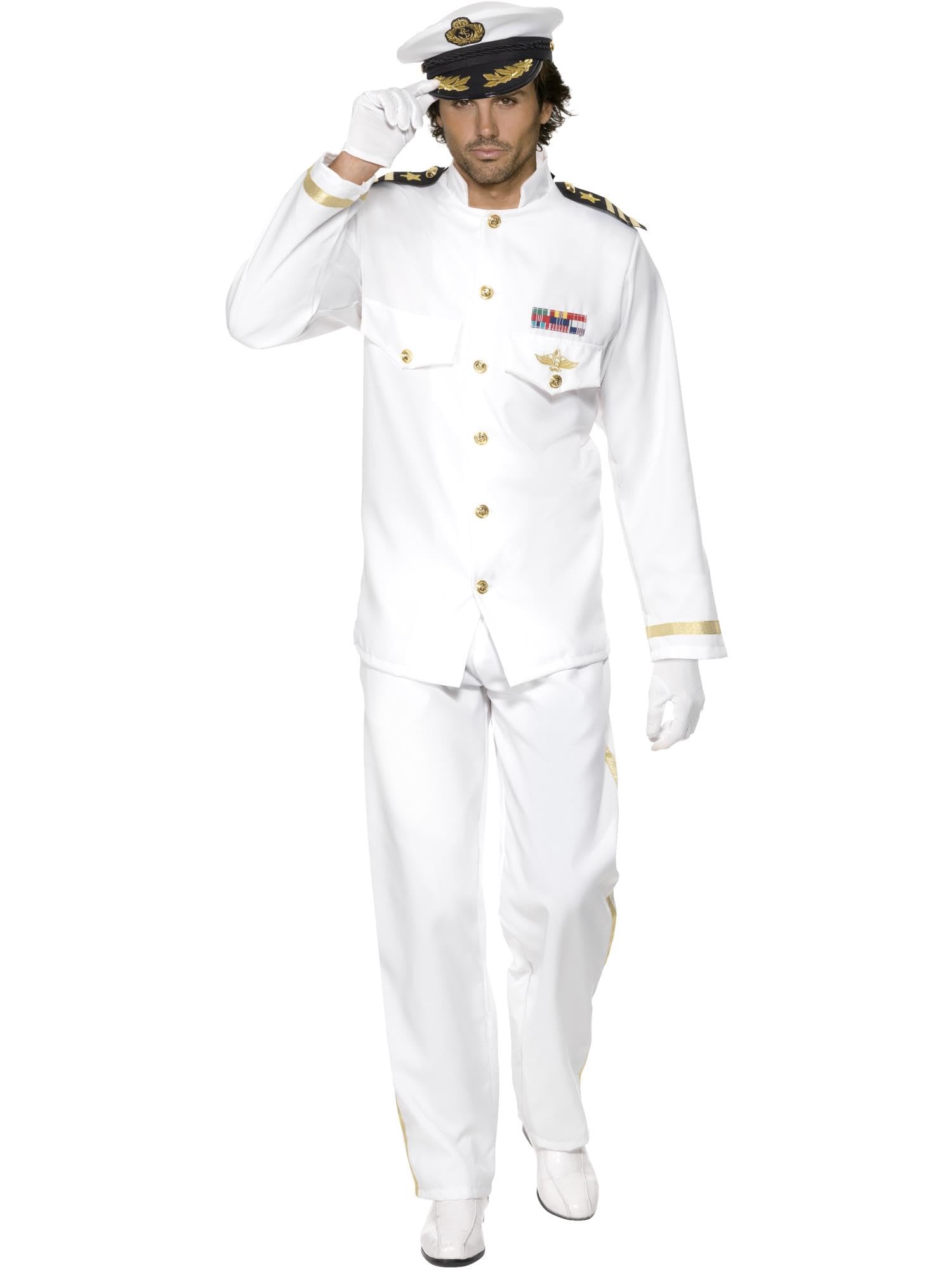 Smiffys Costume de capitaine Deluxe, blanc, avec veste, pantalon, casquette et gants Halloween
