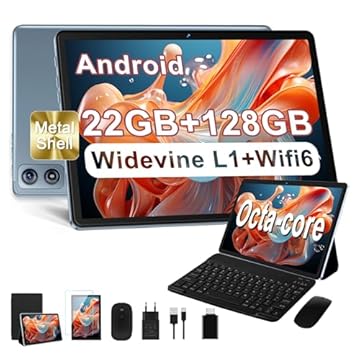 2025 Newest Tablet 10 pollici Android 14, 22GB RAM+128GB ROM/TF 1TB, 8-core 2.0GHz, 8000mAh, Corpo in Metallo, Doppio WiFi, GPS, BT5.0, 8MP+5MP, Widevine L1, Con Tastiera e Mouse, Gray
