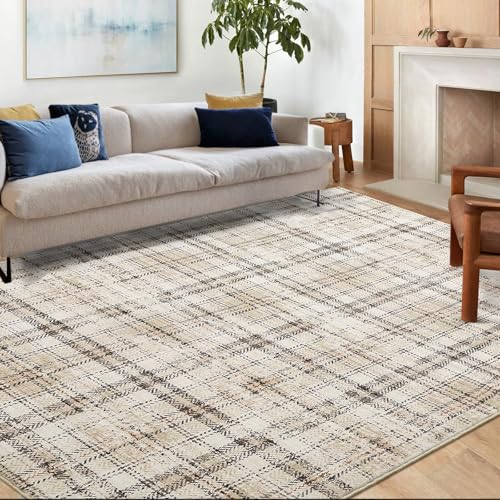 GarveeHome Washable Area Rug - 8x10 Modern Plaid Beige Non
