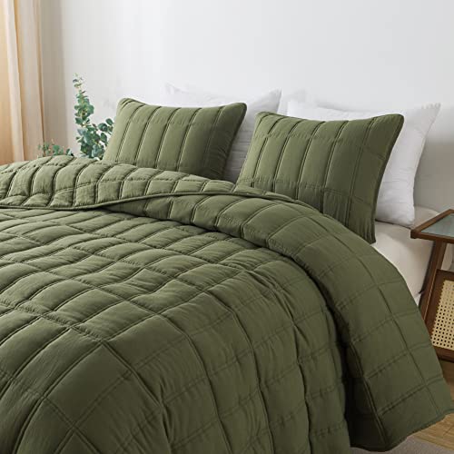 Green Quilt King Size Bedding Sets With Pillow Shams, Olive Lightweight Soft Bedspread Coverlet, Quilted Thin Blanket Comforter Bed Cover For All Season Spring Summer, 3 Pieces, 104X90 Inches #TOP2