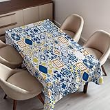 Ambesonne Yellow and Blue Tablecloth, Mosaic Portuguese Azulejo Mediterranean Effect, Dining Room Kitchen Rectangular Table Cover, 60' X 84',Mustard White