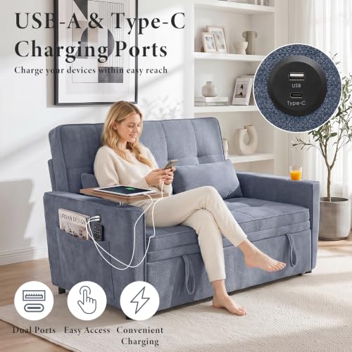 Image of Dreamzie 54'' Convertible Sleeper Sofa Bed with Swivel Side Table, Chenille Pull Out Couch for Living Room, Loveseat Sleeper Couch with Side Pocket | Charging Port | Cup Holder, Blue