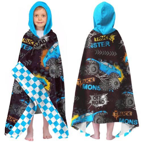 Image of Car Blue Boys Beach Towel with Hoodie for Kids Toddlers Age 4-8, Engineering Vehicle Bath Towels Shower Wrap for Boys, Hooded Poncho Beach Blanket for Pool Swimming Wearable Bath Towel for Child