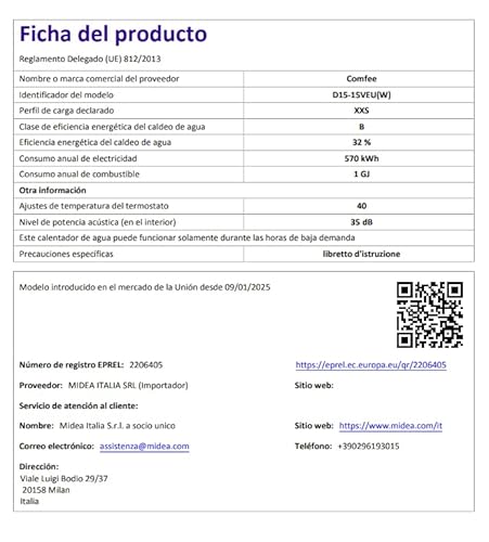 COMFEE ' D15-20VEU(W)-FR Calentador de agua eléctrico 15 Debajo del fregadero, con depósito de agua - Ligero, compacto y fácil de instalar - ideal para una familia pequeña [Clase energética B] - imagen 6
