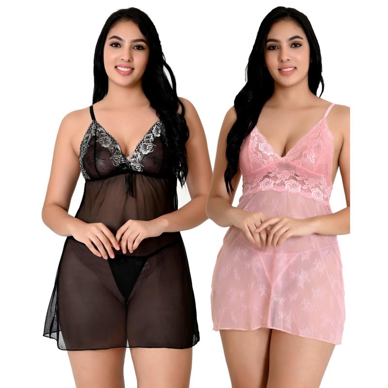 Image of Love Maker Soft Spandex Net Women Babydoll Honeymoon Nightwears Combo Small to 3XL