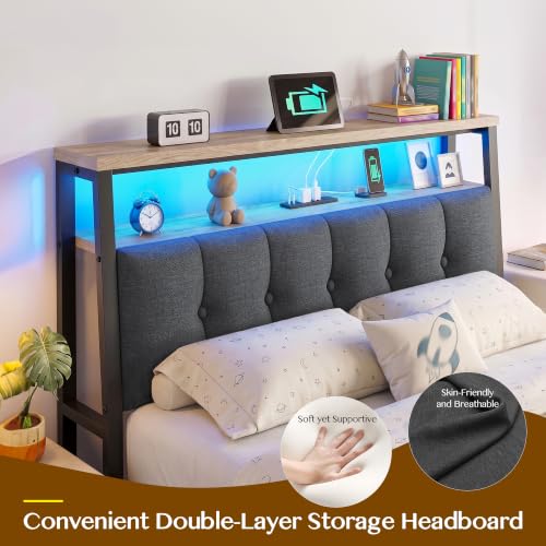 Image of Homkdom Full Bed Frame with Upholstered Headboard & Charging Station