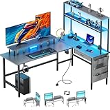HLFURNITURE パソコンデスク L字型ゲーミングデスク LEDライト付きコンピューターテーブル 幅150cm コンセント付き、引き出し、収納棚、収納袋、およびディスプレイスタンドゲーミング作業机 学習机 コーナー桌子 リモートオフィス 組み立て簡単 (灰色, 150x50cm)