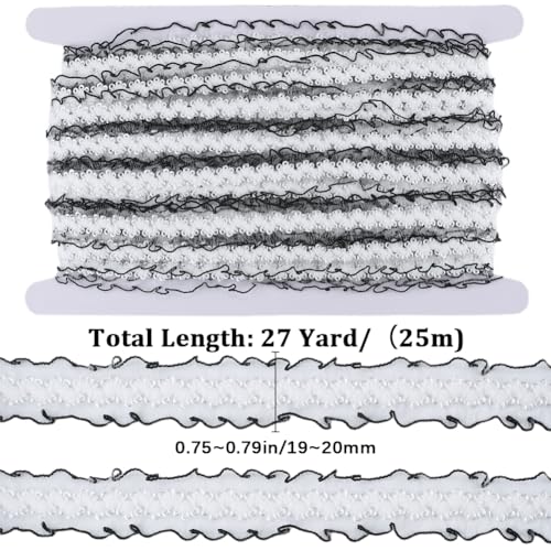 CABODYALS 25M Black White Lace Trims Elastic Ruffle Edge Ribbon Wave Strenchy Fabric Floral Tulle Embroidered Nylon Ribbons for Sewing Making Dress Clothes Applique Embellishment Diy Crafts - Image 2