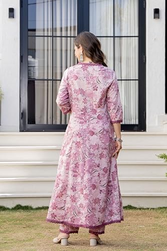 Image of MANHAREE Women's Cotton Anarkali Pink Kurta Pant with Dupatta Set