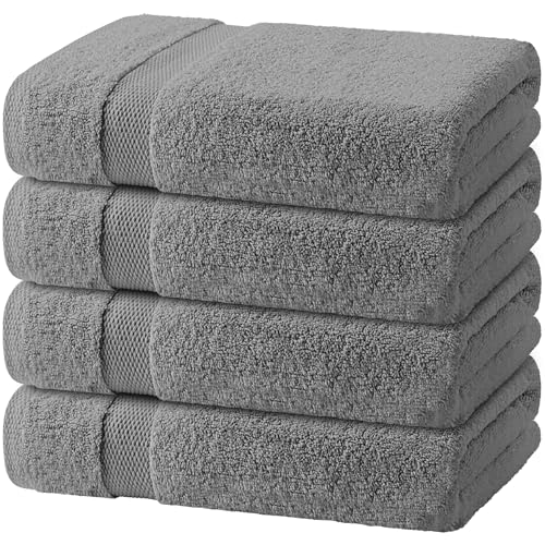 Image of White Classic Light Gray Bath Towels 27x54 Inch, Cotton Towel Set for Bathroom, Hotel, Gym, Spa, Soft Extra Absorbent Quick Dry 4 Pack